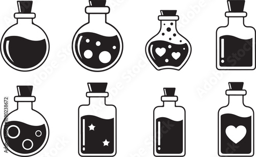 Collection of potion bottles with various designs and contents
