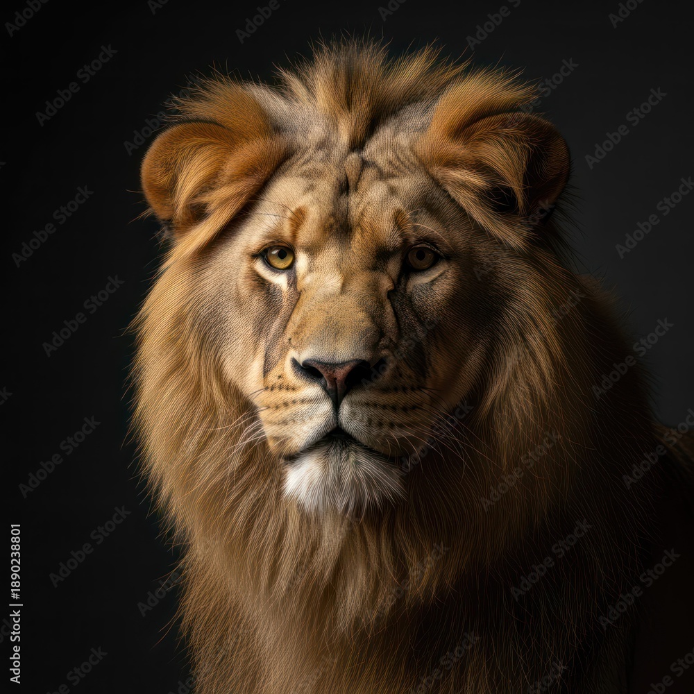 Fototapeta premium A majestic lion with a golden mane and piercing gaze, set against a dark background.