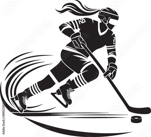 Olympic sports: Women’s Hockey Action Silhouette with Stick and Puck