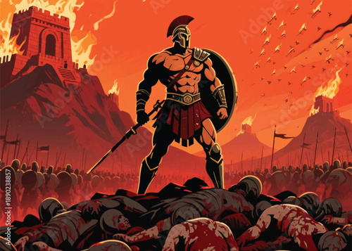 Spartan Warrior Standing Over the Corpses of His Enemies Illustrator Artwork Creative Design Template 
