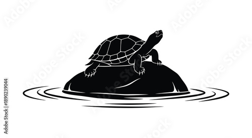 A striking black silhouette depicts a turtle resting on a rock surrounded by water ripples creating a peaceful scene silhouette