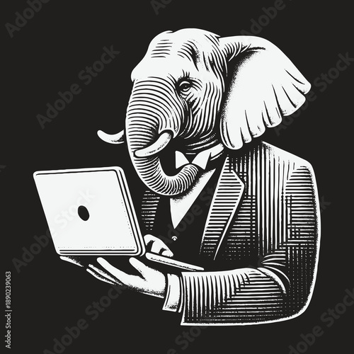 Elephant executive working on laptop with focused determination and professional attire.