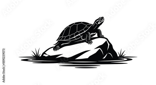 A striking black silhouette depicts a turtle climbing on a rock surrounded by water and vegetation silhouette high quality professional detailed