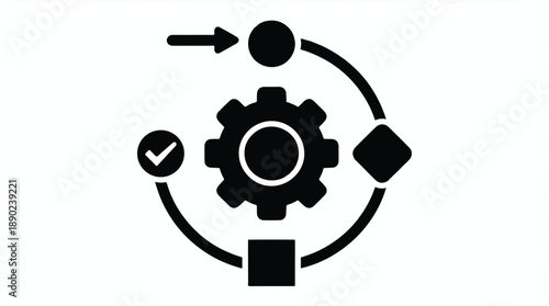 Black gear icon with circular workflow process isolated on transparent background