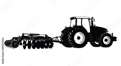 A striking black silhouette depicts a modern tractor pulling agricultural equipment across a field a rural scene silhouette high quality professional