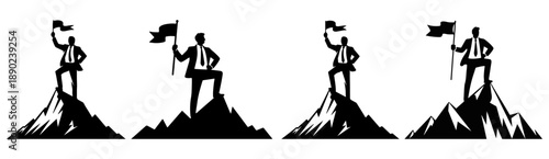 Silhouette of man reaching mountain top at sunset for success concept, Goal reached vector silhouette, success icons on mountain with flags
