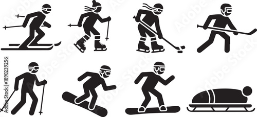 Winter Sports Silhouette Icons Set – Skiing, Skating, Snowboarding & Bobsleigh