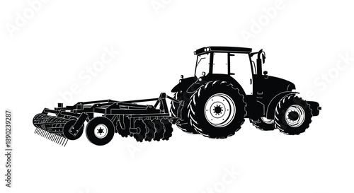 A detailed black and white silhouette of a modern tractor pulling agricultural equipment in a field silhouette high quality professional elegant