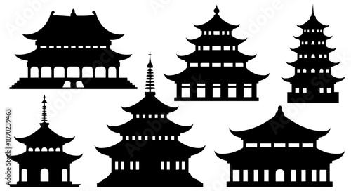 Silhouette pagoda Vector, Silhouette of traditional Asian pagoda building on white background