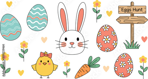 Easter egg hunt collection with cute bunny chick decorated eggs wooden sign and spring flowers vector set