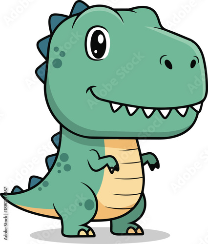 A cartoon dinosaur stands happily with a big smile and sharp teeth, illustration, front view