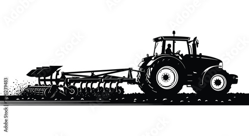 A detailed black and white illustration depicts a tractor pulling a plow through a field rendered as a striking silhouette