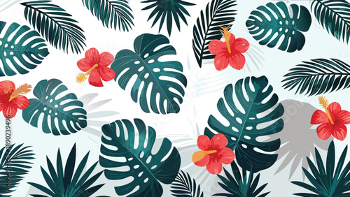 Vibrant hibiscus flowers and assorted tropical foliage create a lush and colorful botanical pattern against a clean white backdrop evoking