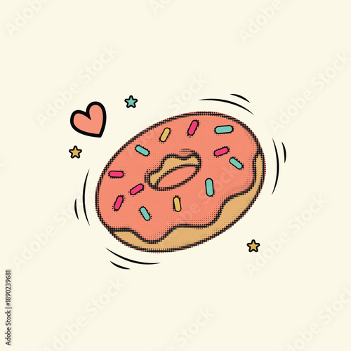  Halftone pop art dot pattern donut with colorful sprinkle topping dessert food vector illustration