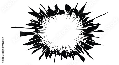 A circular burst of jagged black shards emanating from a bright center creating a striking visual effect silhouette high quality professional