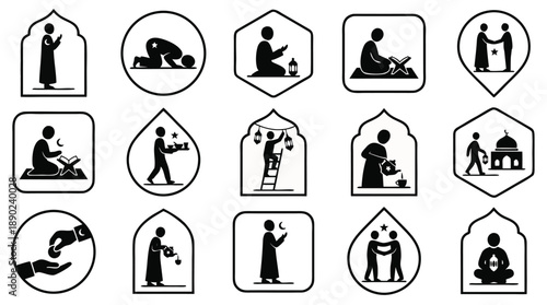 Muslim Ramadan Silhouette Characters in Mosque Window Frames – Icon Pack