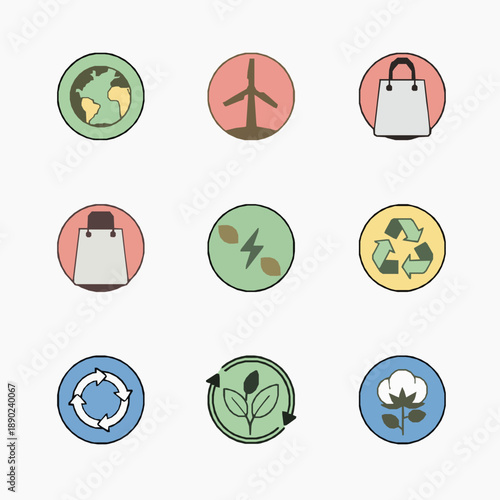 Modern sustainability icons in editable stroke line vector style with world, windmill, eco bag, green energy, cotton