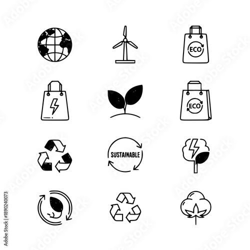 Sustainability vector icon set with world, windmill, eco bags, green energy, cotton, and sustainable symbols in editable stroke