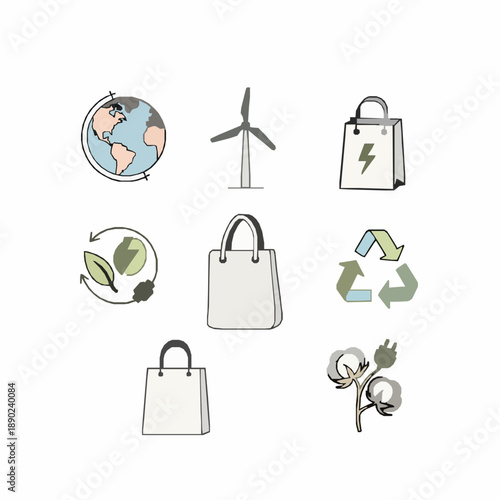 Minimal sustainability icon collection in editable stroke line vector style with world, windmill, eco bag, green energy, cotton