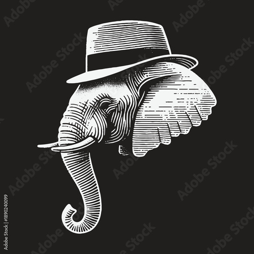 Elegant Elephant: A Vintage Engraving of an Elephant Wearing a Fedora.