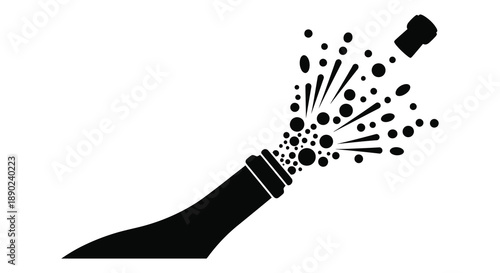 A black silhouette depicts a champagne bottle erupting with a popping cork and scattered bubbles celebrating a joyous occasion silhouette