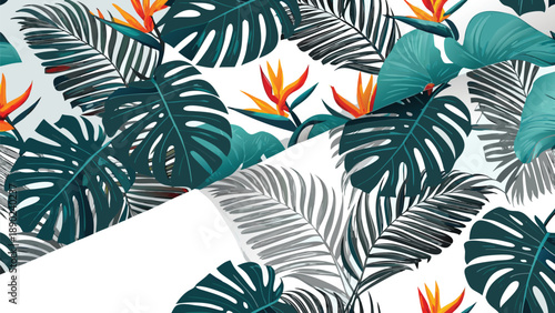 Bold tropical floral pattern featuring vibrant orange bird of paradise flowers and lush green monstera leaves creates a lively and exotic