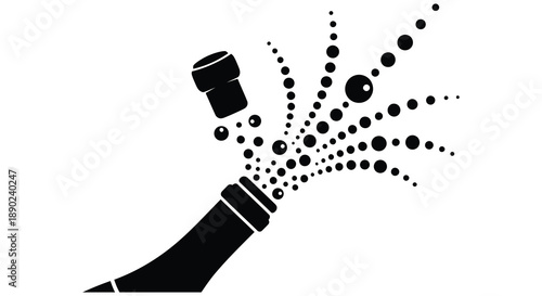 A black silhouette depicts a champagne bottle erupting with bubbles and cork popping celebrating a joyous occasion silhouette high quality professional