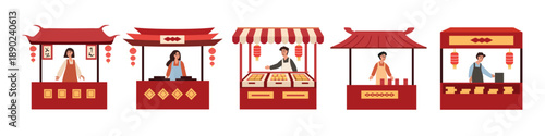 Set of Asian Inspired Market Stalls with Vendors. Asian street food. Market stall. Chinese new year festive. Street food festive.