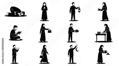 Ramadan Activities Silhouette Vector Pack – Muslim Prayer, Reading Quran, Iftar
