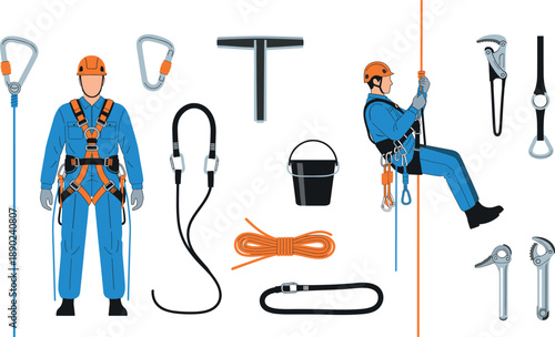 Industrial safety equipment collection featuring professional climbers in harnesses with ropes carabiners and protective gear for height work vector