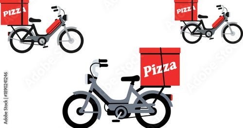 Three grey pizza delivery mopeds with bright red insulated carrying boxes are ready for fast food transportation service routes illustration