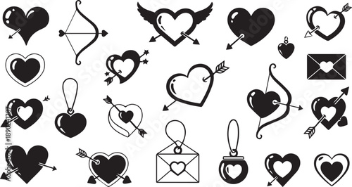 Romantic Valentine elements set and abstract heart line art composition for wedding and love concepts