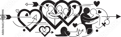 Abstract line art composition of hearts and figures symbolizing love connection and relationship for Valentines Day