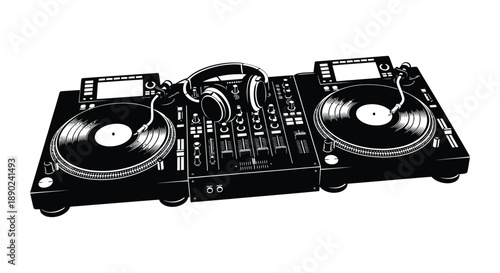 A striking black silhouette depicts a professional dj setup with turntables headphones and mixing controls silhouette high quality detailed modern elegant