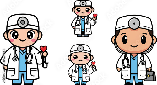 Adorable cartoon illustration featuring multiple cute chibi style doctors wearing scrubs and holding tiny hearts symbolizing care and medical dedication