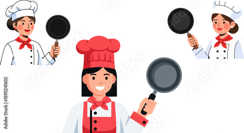 Three diverse female culinary professionals in classic chef uniforms cheerfully presenting various sizes of frying pans ready for cooking preparation.