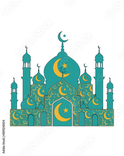 Vibrant teal mosque illustration featuring central dome, crescent moon, star motifs, four minarets, and grand archway from a frontal perspective