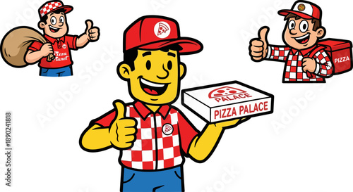 Cheerful pizza delivery mascot characters illustrated in various poses showing thumbs up gestures ready for service