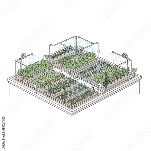 Illustration of a modern greenhouse with multiple sections of lush greenery and advanced irrigation systems from an aerial viewpoint