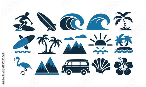 Summer travel and beach vacation icon set