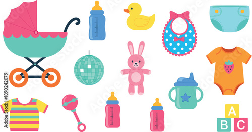 Large collection of cute baby nursery essentials including stroller toys clothes and feeding bottles for newborn designs vector