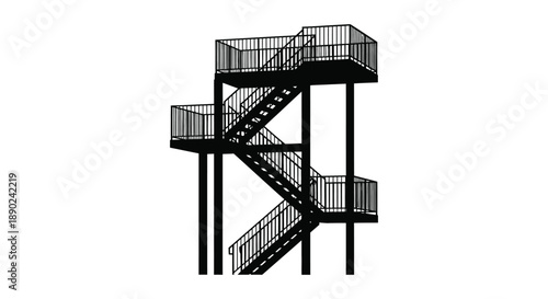 A black and white illustration depicts a multi level metal staircase and platform structure presented as a striking silhouette high quality professional