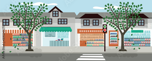 Flat illustration of a vibrant urban street with shops and residential buildings. Storefront illustration. City building store.