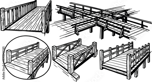 Hand drawn sketch different wooden bridge designs isolated black lines detailed construction perspective and close up illustrations