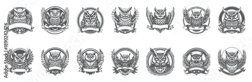 Detailed Owl Head Portraits, Vintage Label Design Elements