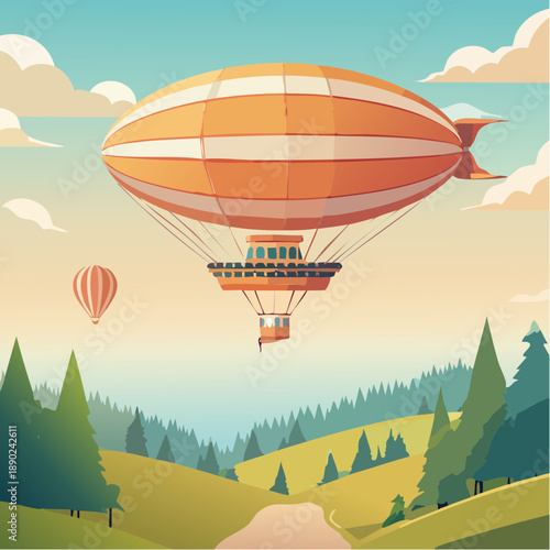 Illustration stylisée d’un dirigeable volant au-dessus d’un paysage montagneux 