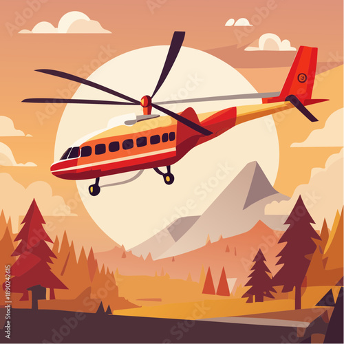 Illustration stylisée d’un Canadair en mission de lutte contre les incendies au coucher du soleil