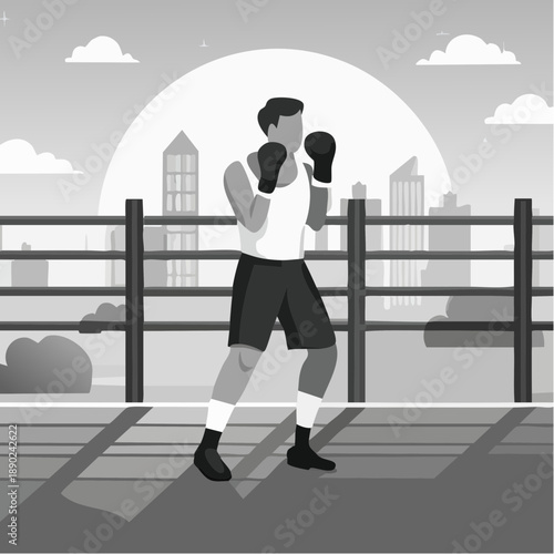 Silhouette d’un boxeur en plein air sur fond naturel dramatique