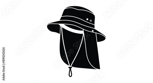 A striking black silhouette depicts a wide brimmed sun hat with a neck flap and chin straps offering sun protection silhouette