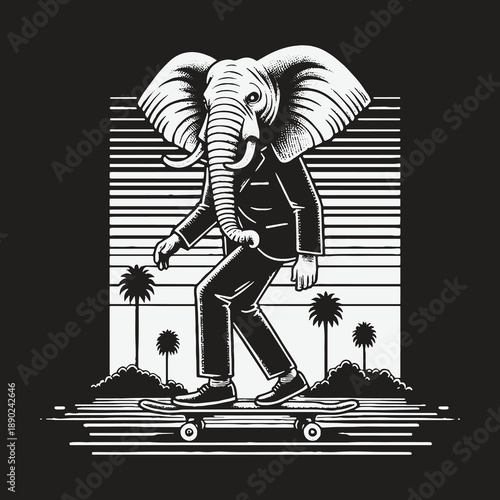 Elephant Skateboarder in Suit: A Whimsical Urban Adventure.
